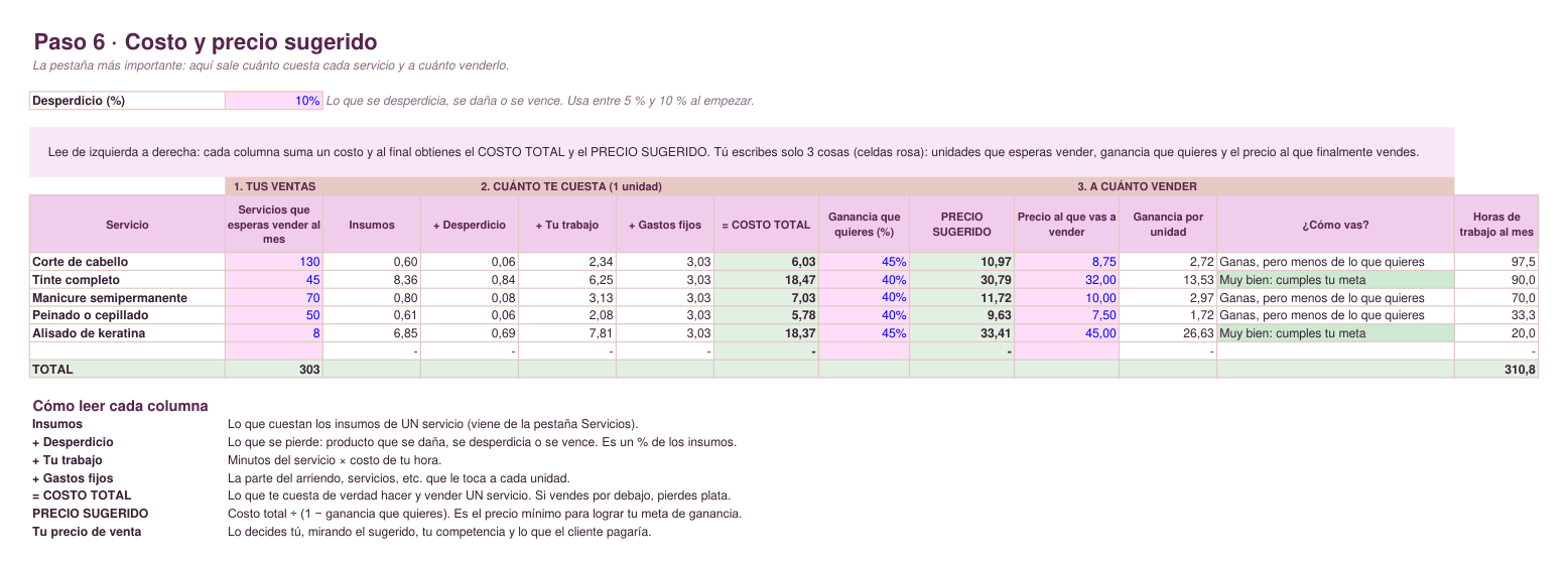 Adelanto parcial de la pestaña 6 de la plantilla de Excel, donde se calcula el precio sugerido de cada servicio